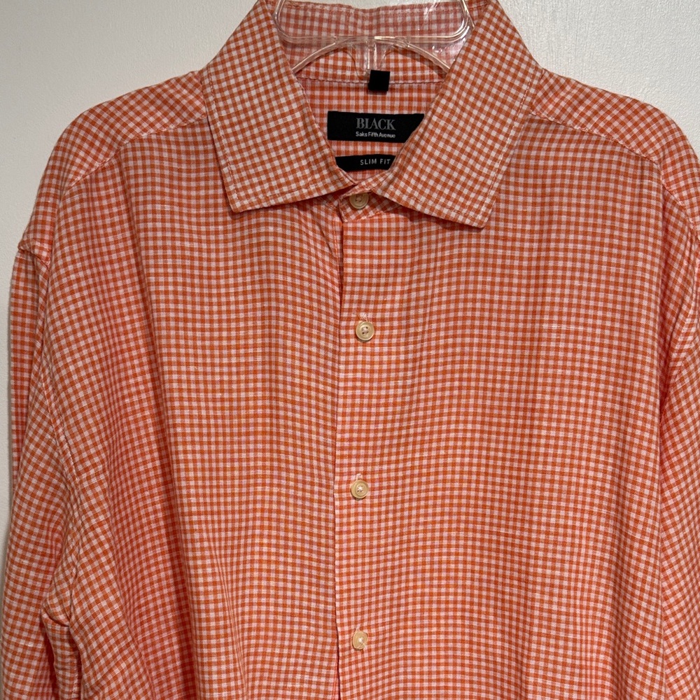 Saks Fifth Avenue Black Label Men's Orange Gingham Shirt Slim Fit Size L